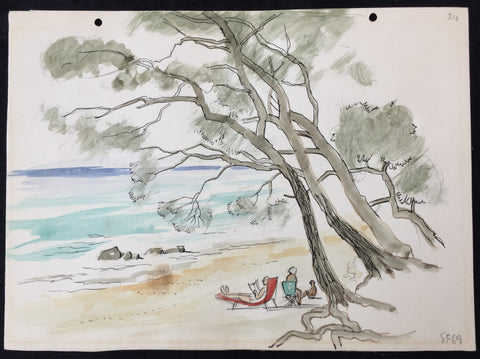 Sidney Ferris ? SF Watercolour Size: 25cm/34cm Beach Scene Original(Size 4)
